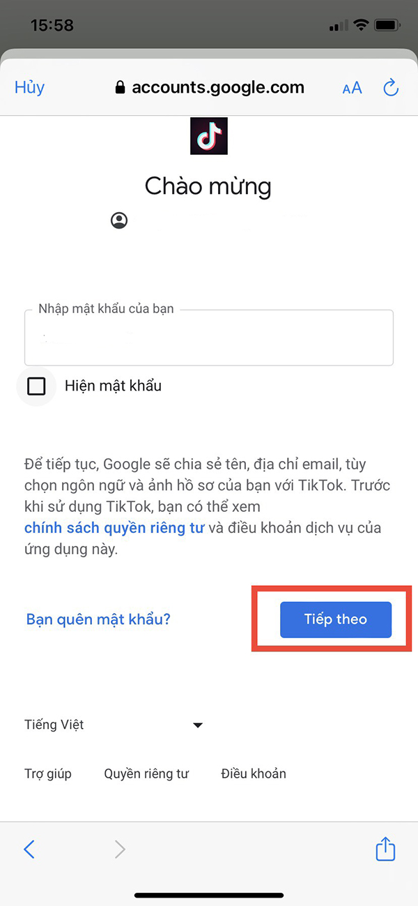 Nhập mật khẩu tài khoản Google